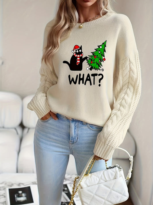 Women's Crew Neck Pullover Sweater with Christmas Cat and Tree Print