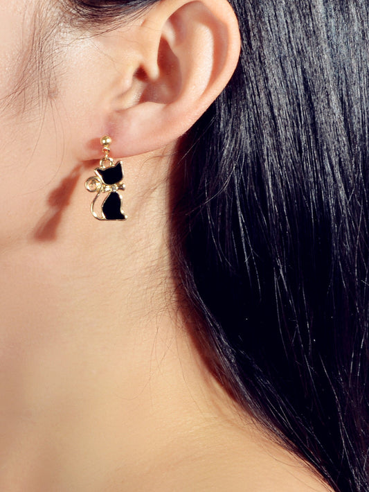 Elegant Rhinestone Black Cat Drop Stud Earrings