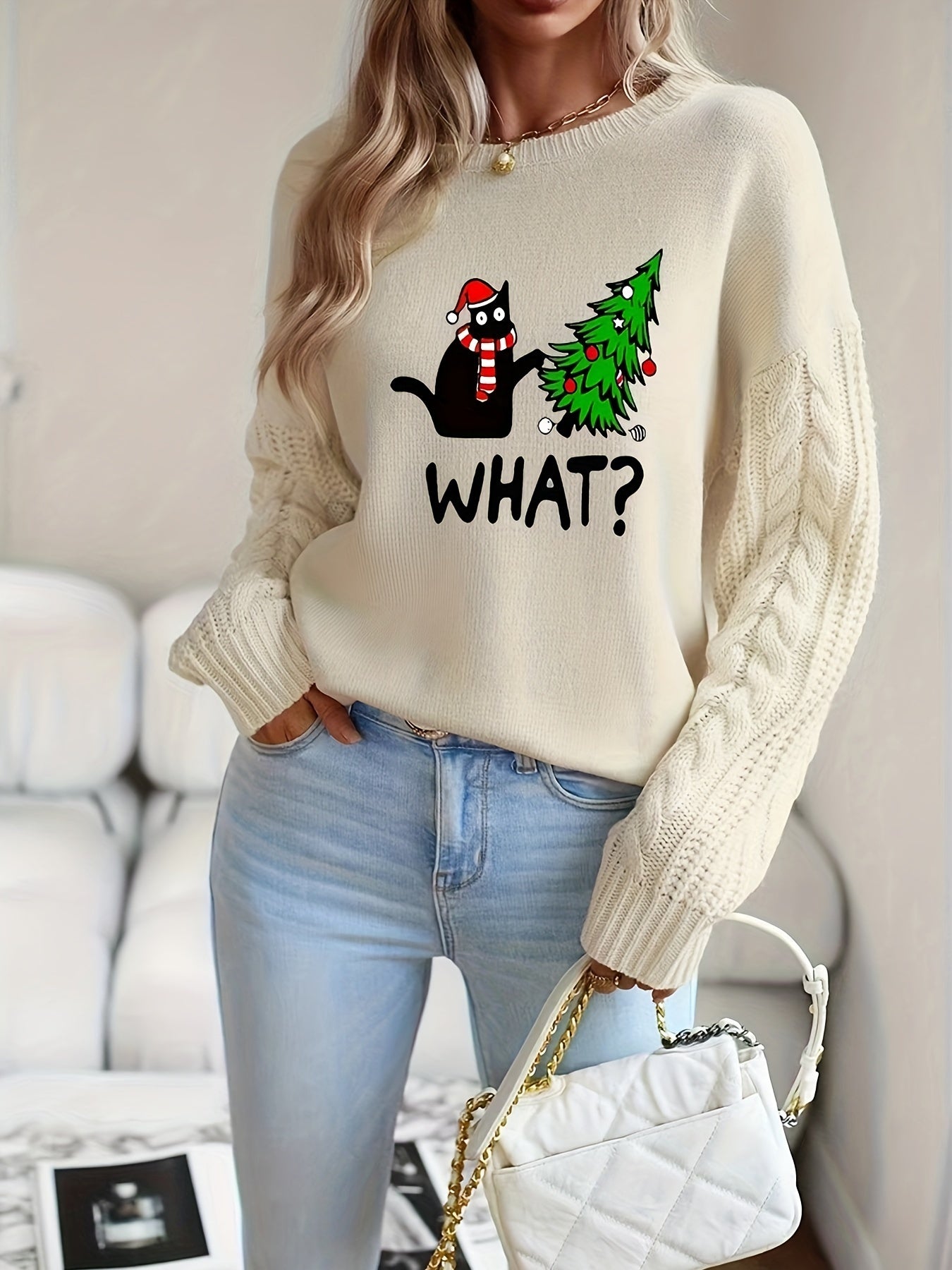 Women's Crew Neck Pullover Sweater with Christmas Cat and Tree Print
