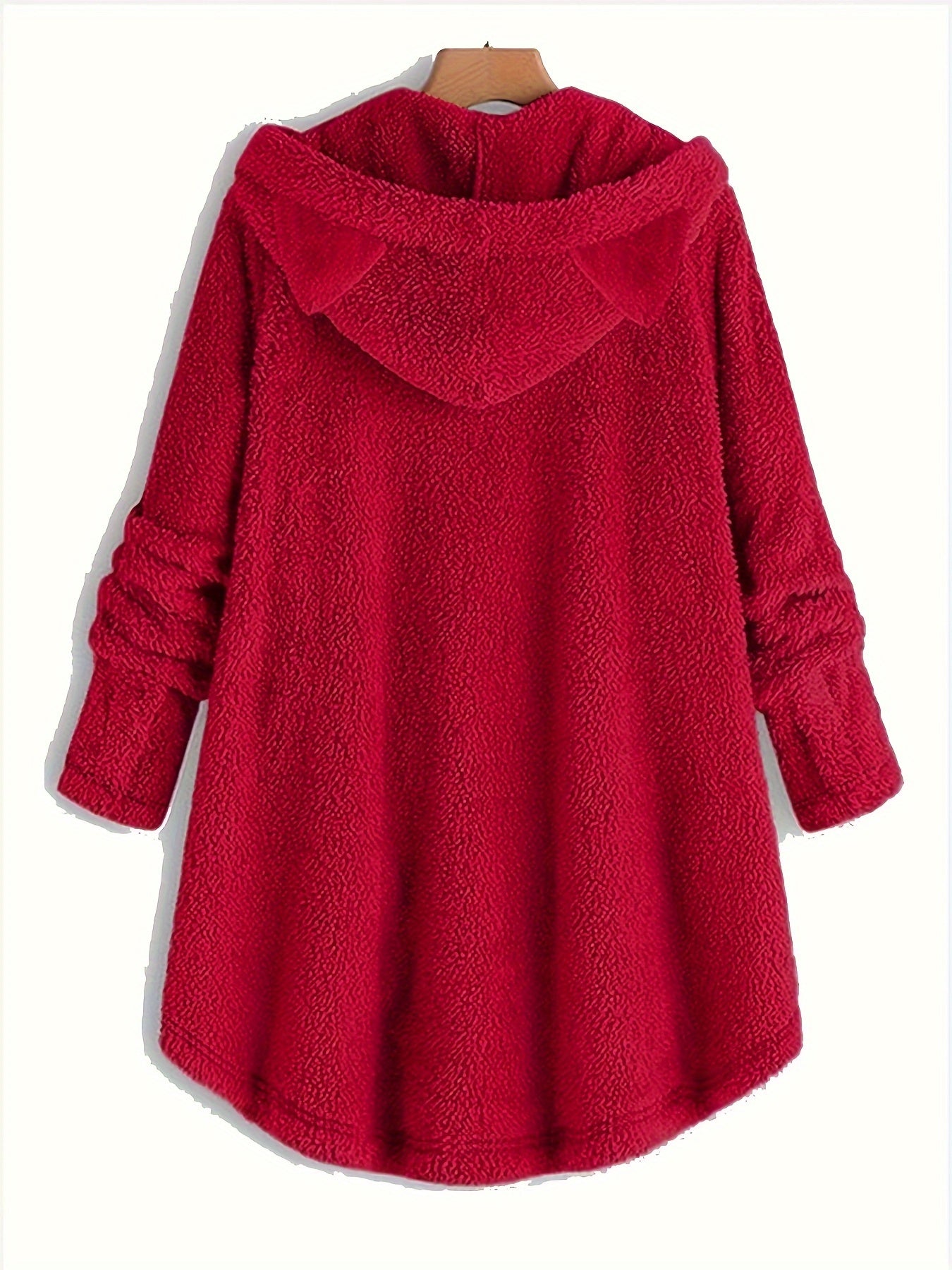 Cat Print Dipped Hem Plush Hoodie