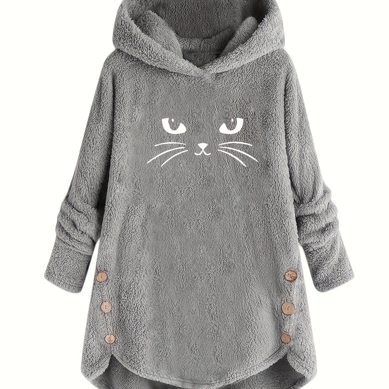Cat Print Dipped Hem Plush Hoodie