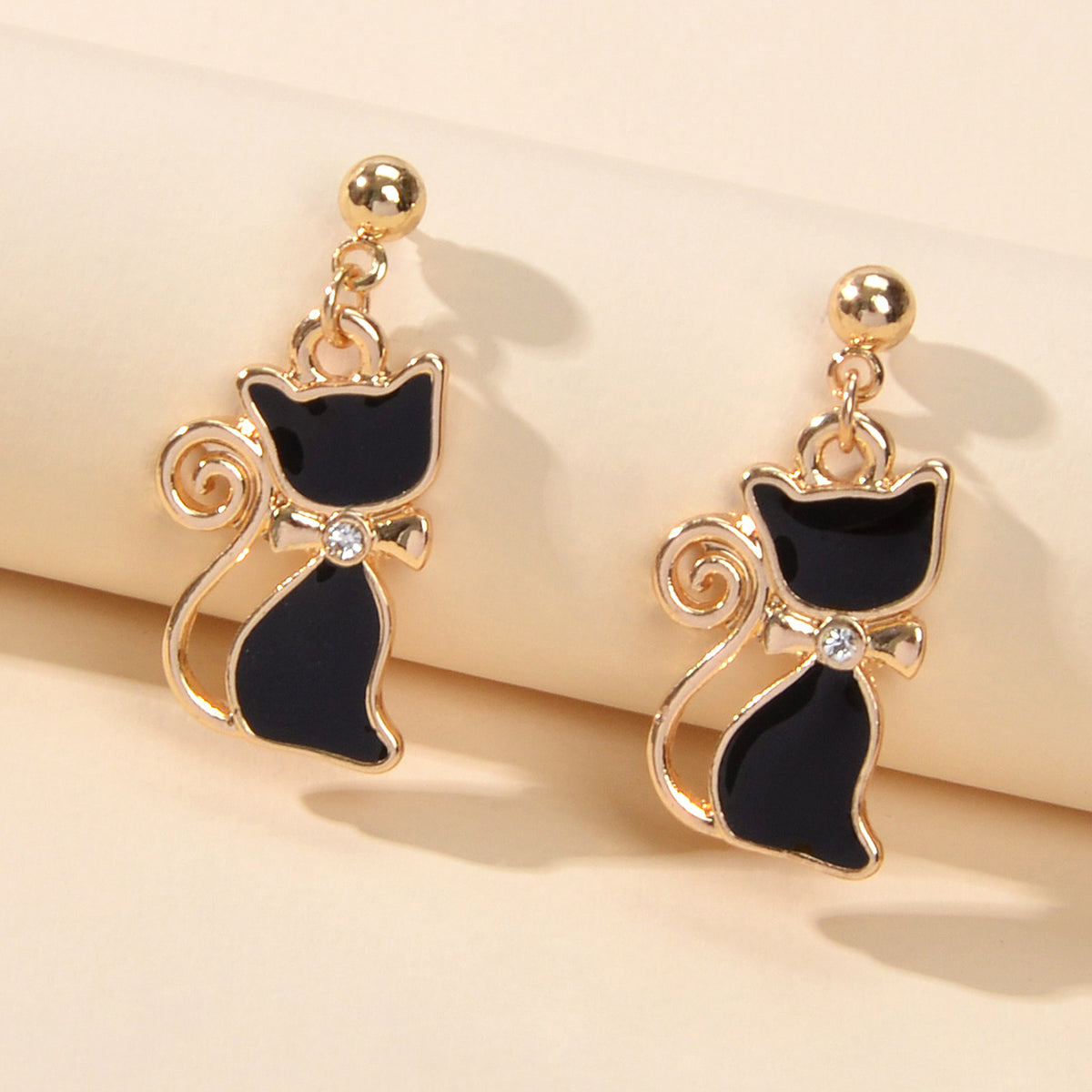 Elegant Rhinestone Black Cat Drop Stud Earrings