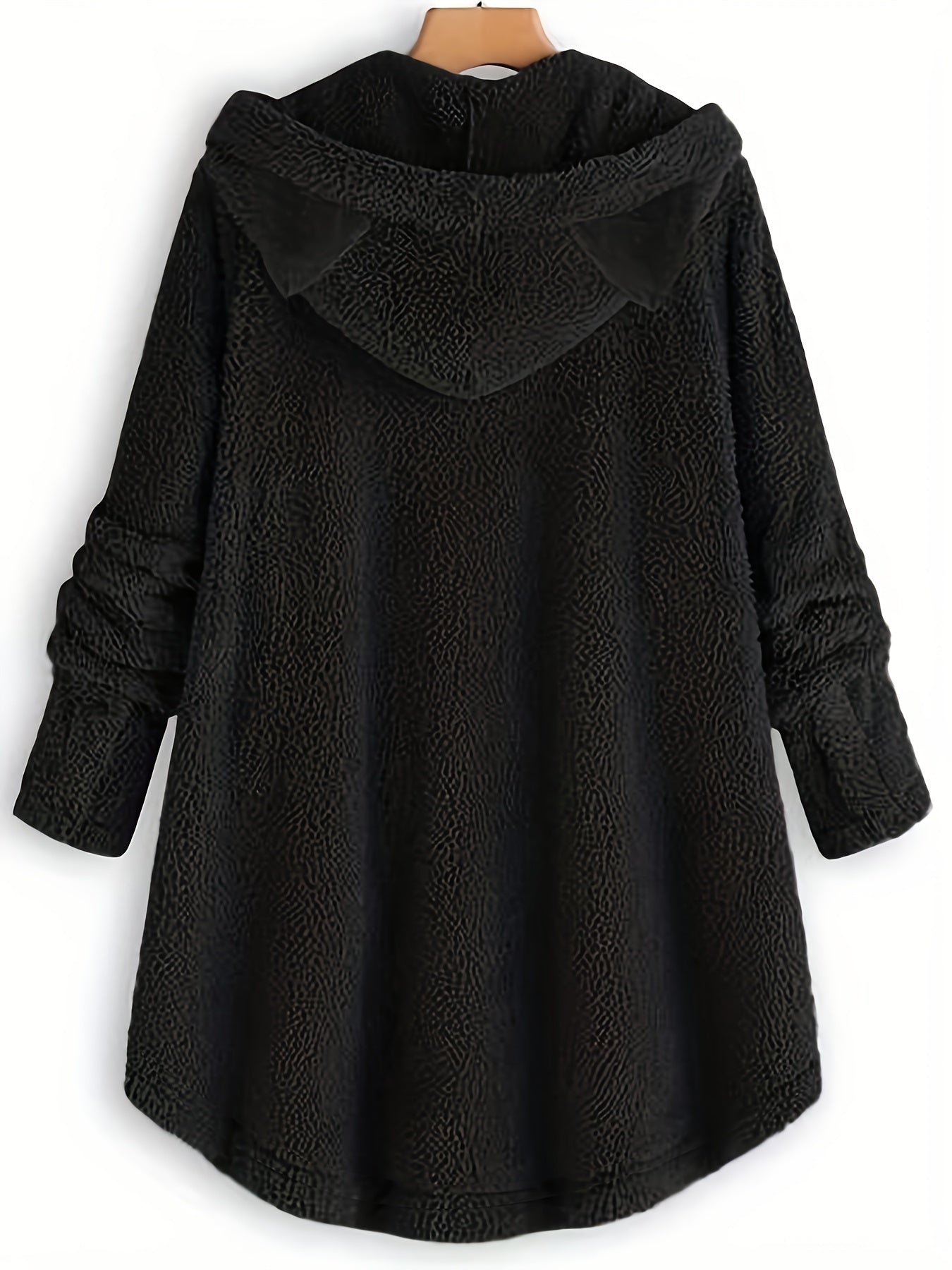 Cat Print Dipped Hem Plush Hoodie