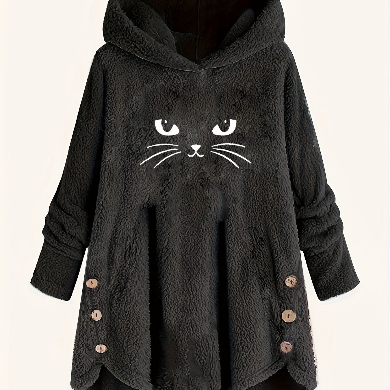 Cat Print Dipped Hem Plush Hoodie