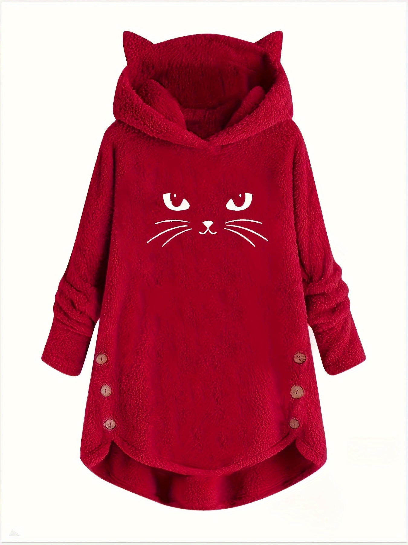 Cat Print Dipped Hem Plush Hoodie