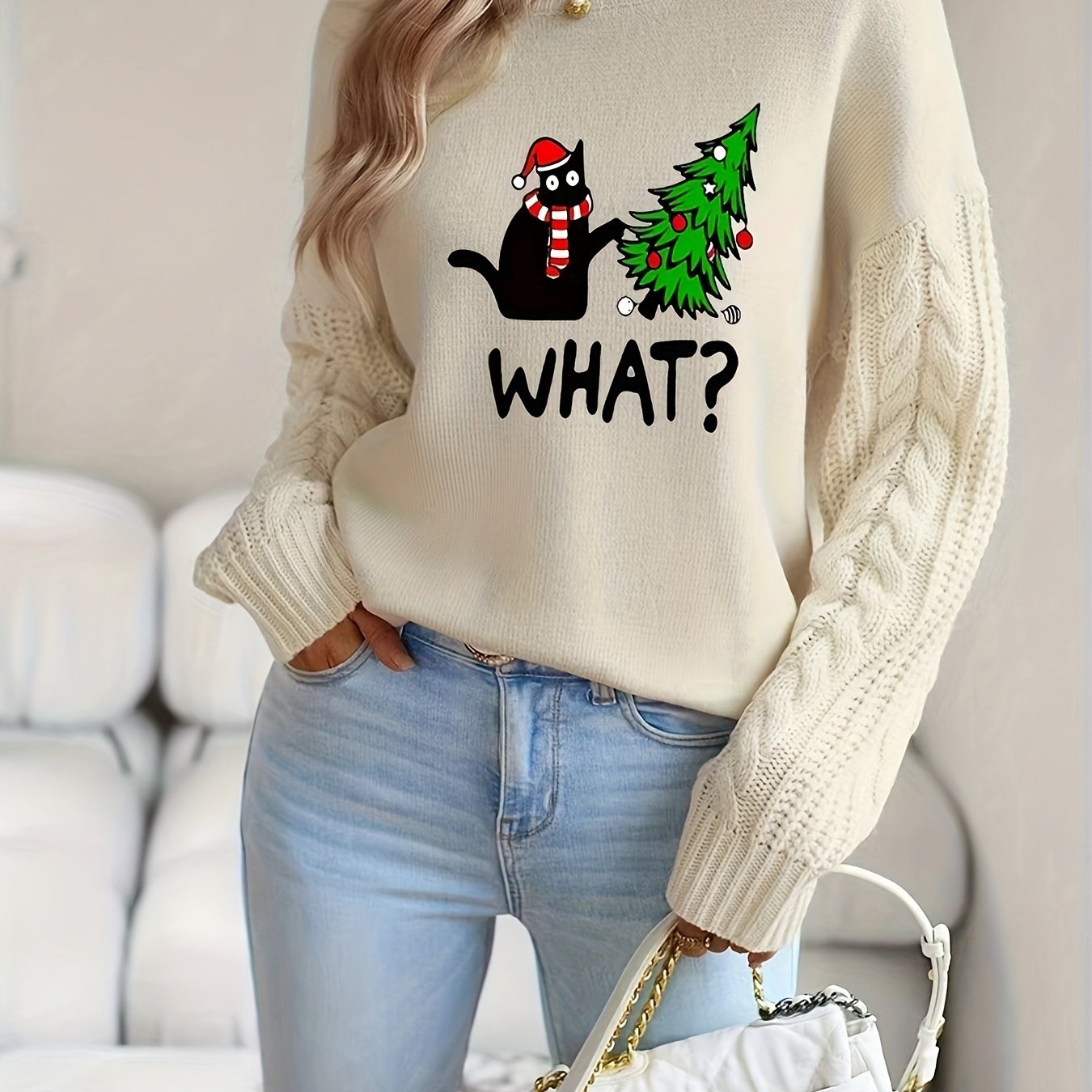 Women's Crew Neck Pullover Sweater with Christmas Cat and Tree Print