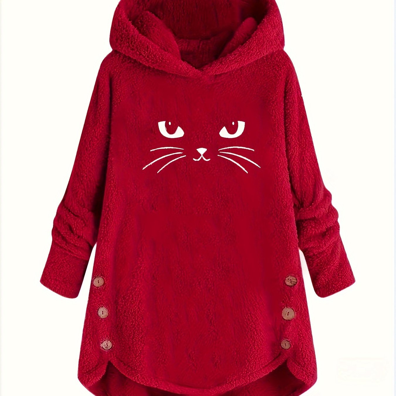 Cat Print Dipped Hem Plush Hoodie