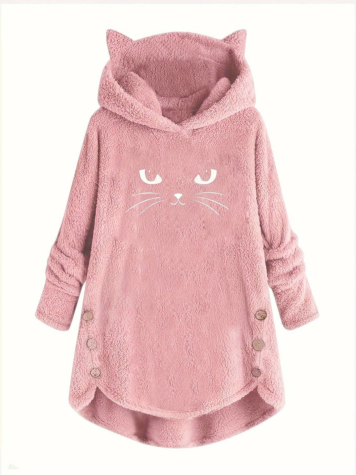Cat Print Dipped Hem Plush Hoodie