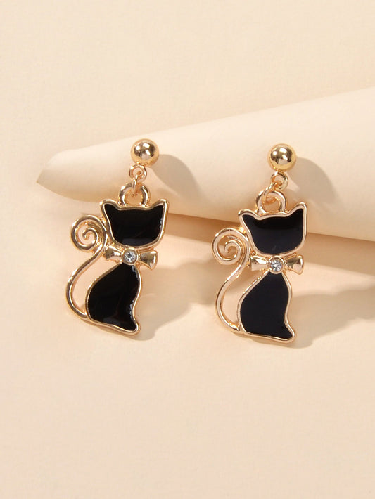 Elegant Rhinestone Black Cat Drop Stud Earrings