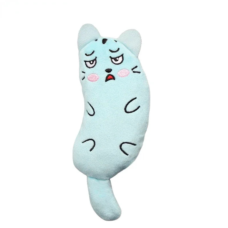 Light blue cat-shaped plush toy with a sad expression on a white background