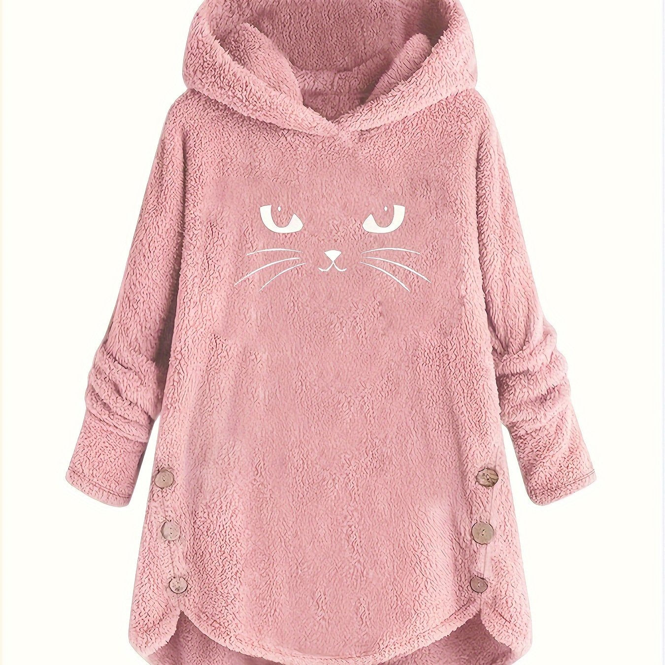 Cat Print Dipped Hem Plush Hoodie