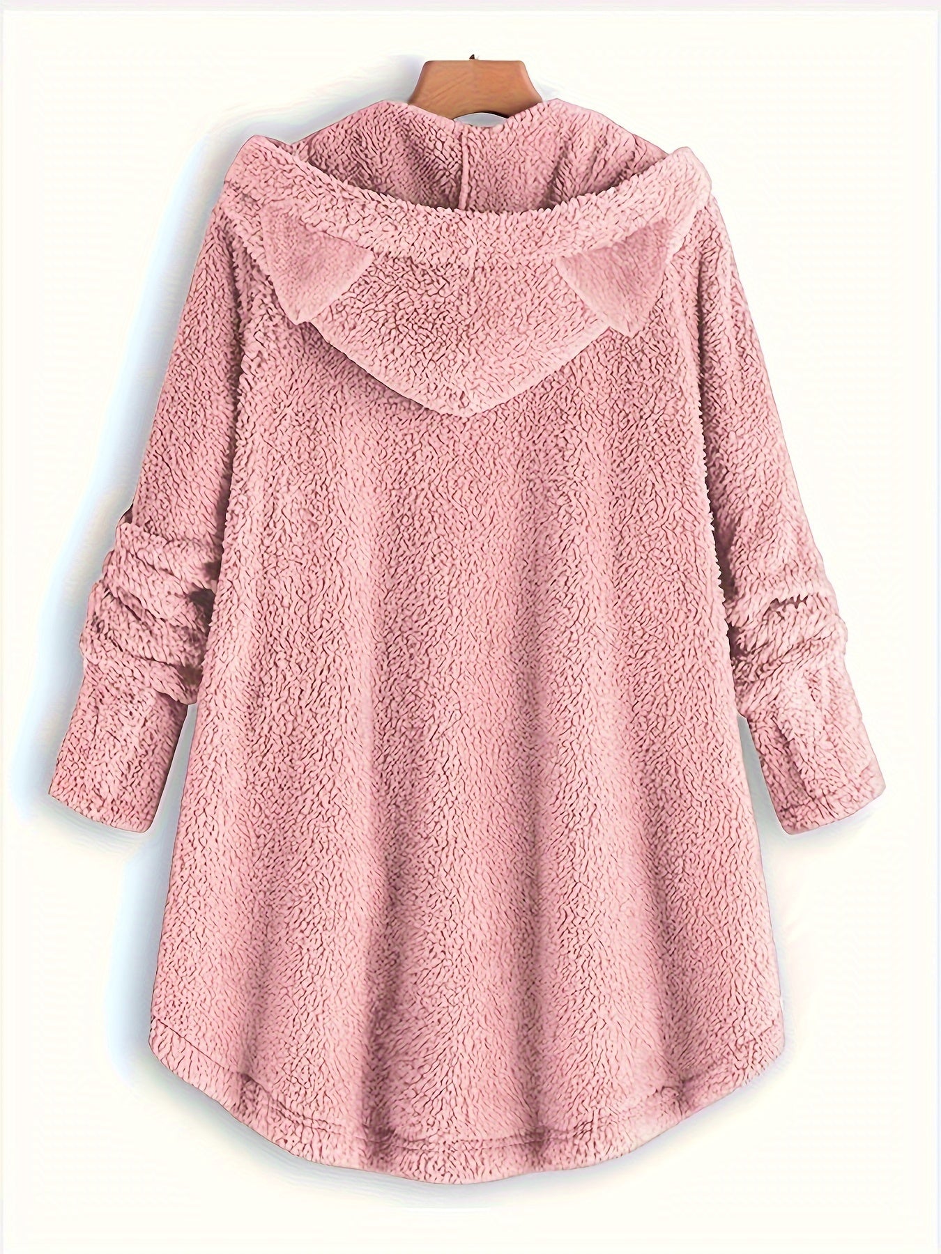 Cat Print Dipped Hem Plush Hoodie