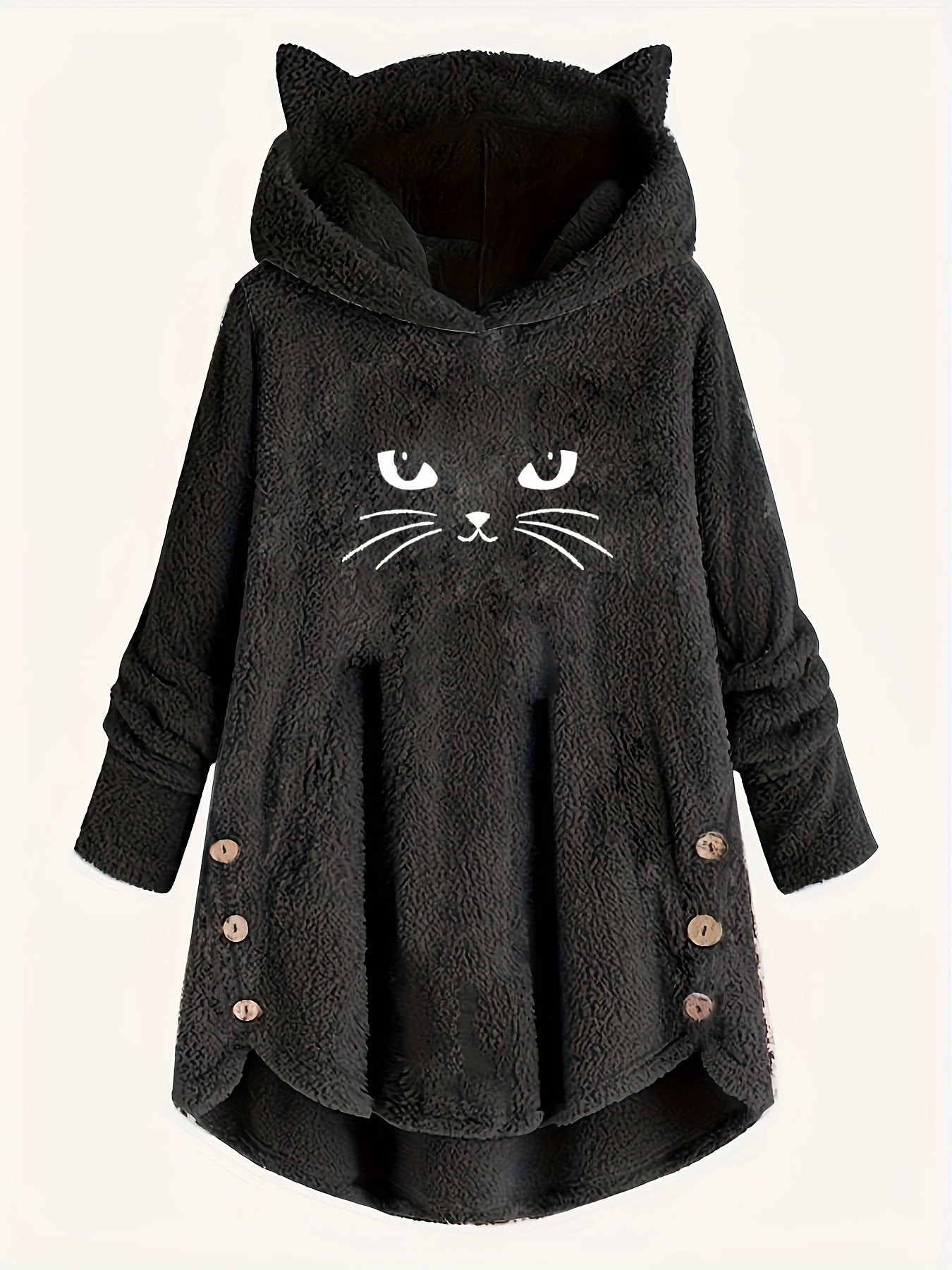 Cat Print Dipped Hem Plush Hoodie