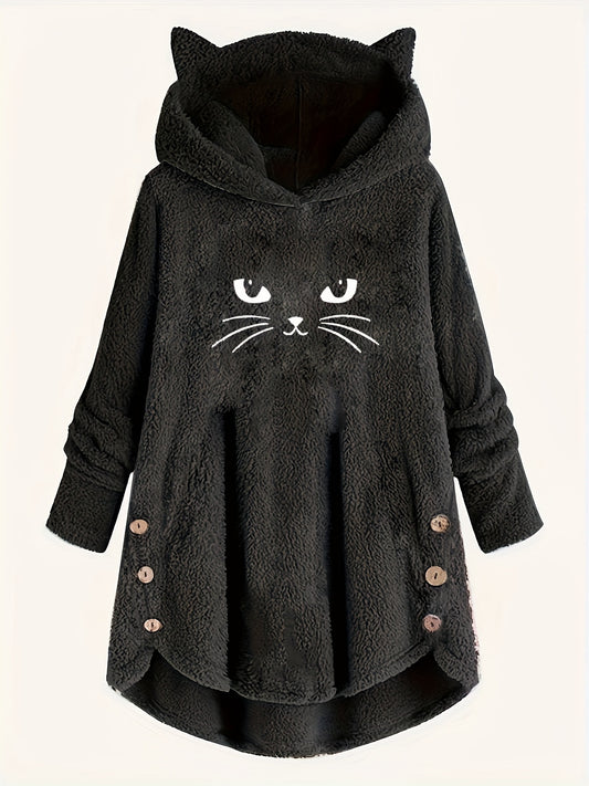 Cat Print Dipped Hem Plush Hoodie