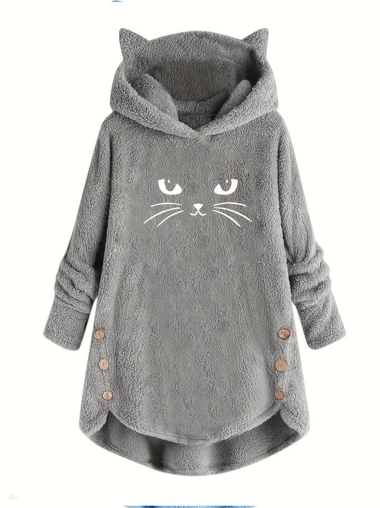 Cat Print Dipped Hem Plush Hoodie
