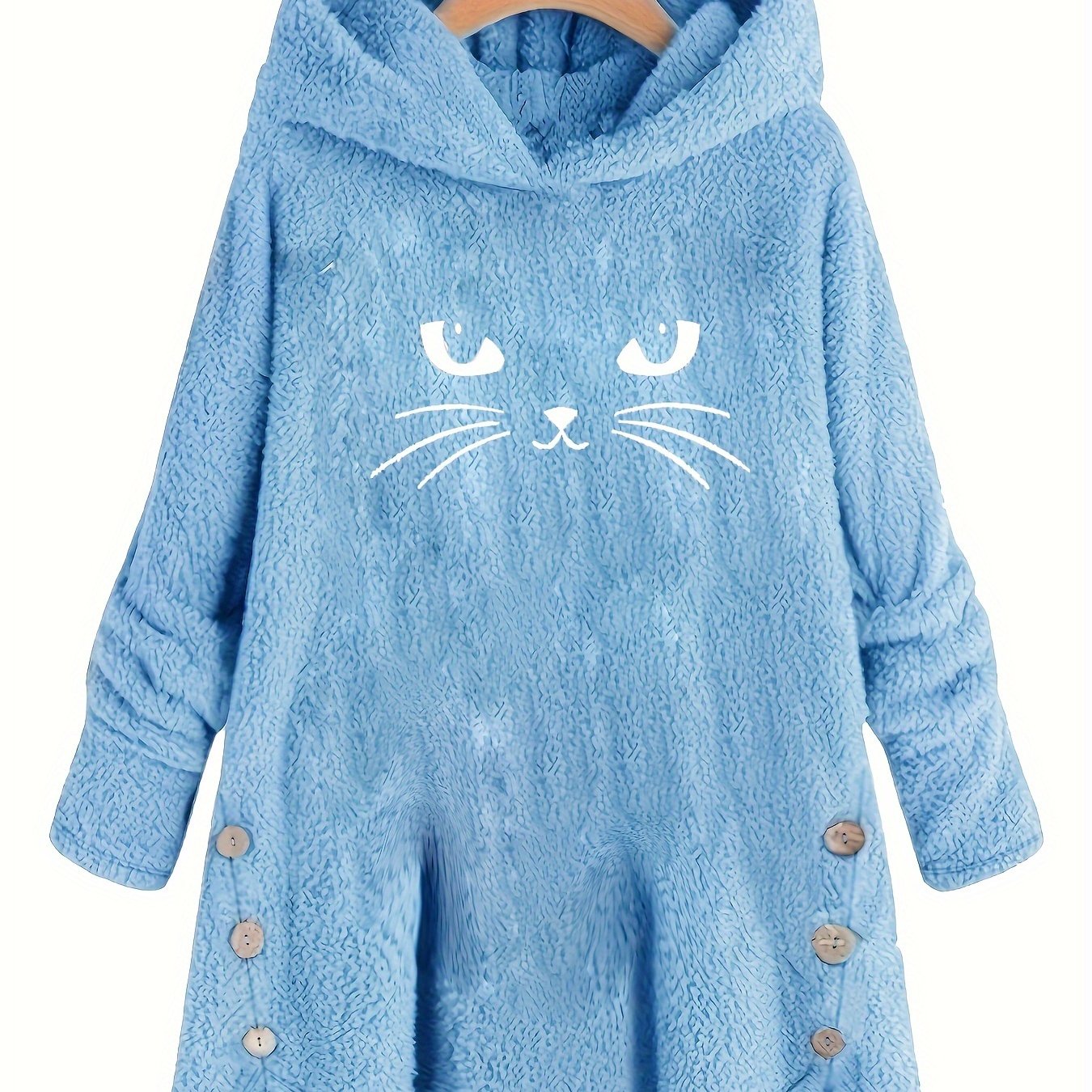 Cat Print Dipped Hem Plush Hoodie